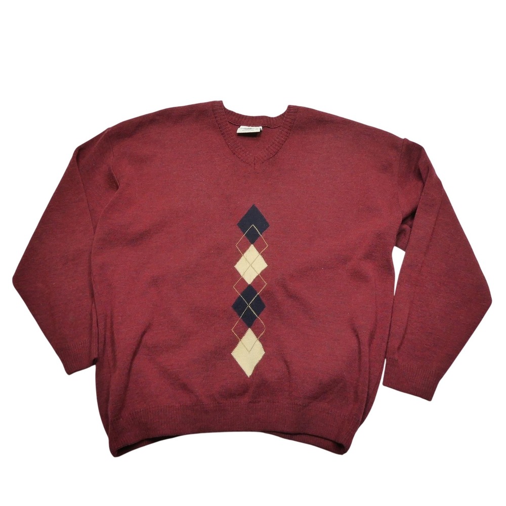 Aklanda Sweater Mens‎ XL Red Pure Wool V Neck Argyle Knit Pullover Australia